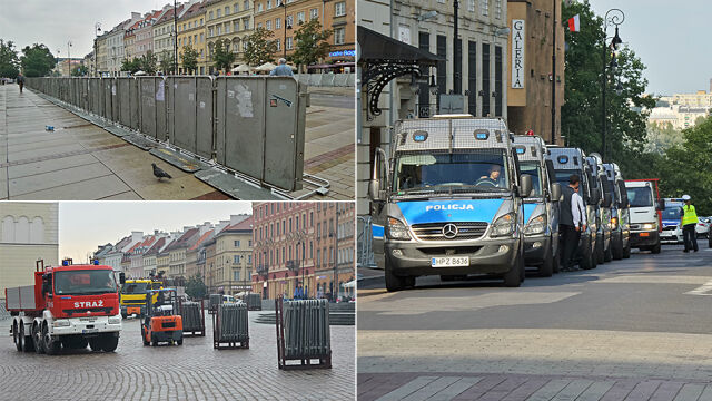 Straż pożarna wozi barierki, metalowe korytarze na Krakowskim Przedmieściu